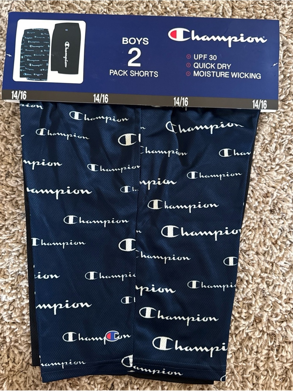 Champion Navy Blue All-Over Logo Athletic Shorts
